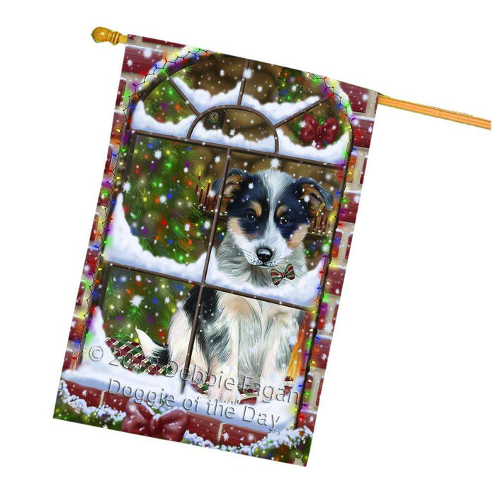 Please Come Home For Christmas Blue Heeler Dog Sitting In Window House Flag FLG53818