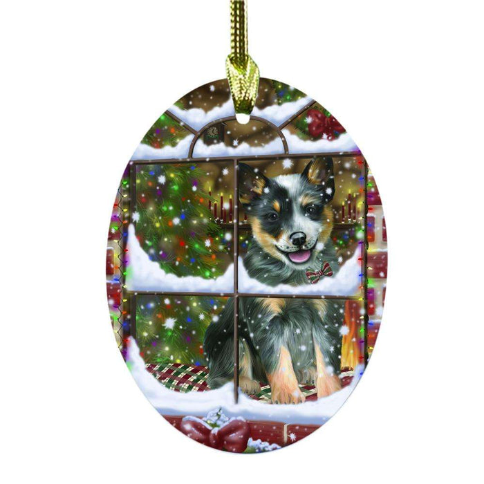 Please Come Home For Christmas Blue Heeler Dog Sitting In Window Oval Glass Christmas Ornament OGOR49138
