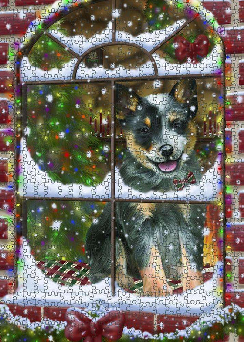 Please Come Home For Christmas Blue Heeler Dog Sitting In Window Puzzle with Photo Tin PUZL81632