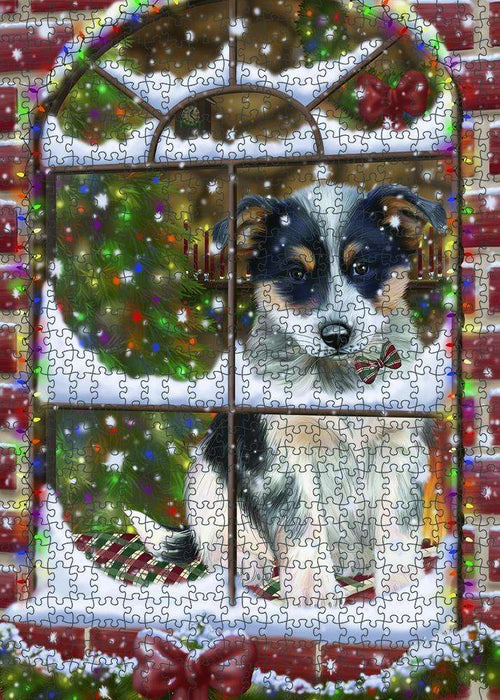 Please Come Home For Christmas Blue Heeler Dog Sitting In Window Puzzle with Photo Tin PUZL81636