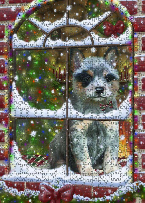Please Come Home For Christmas Blue Heeler Dog Sitting In Window Puzzle with Photo Tin PUZL81640