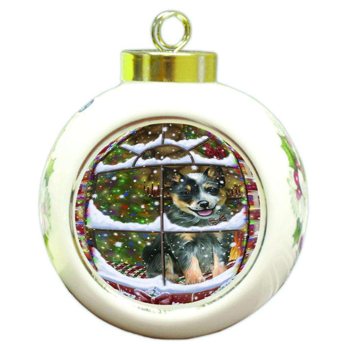 Please Come Home For Christmas Blue Heeler Dog Sitting In Window Round Ball Christmas Ornament RBPOR53619