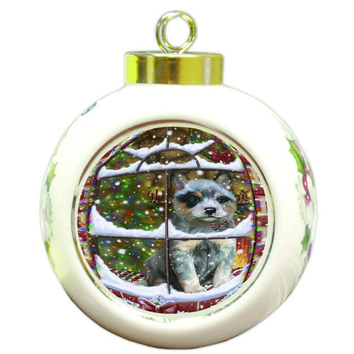 Please Come Home For Christmas Blue Heeler Dog Sitting In Window Round Ball Christmas Ornament RBPOR53621