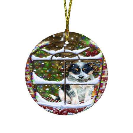 Please Come Home For Christmas Blue Heeler Dog Sitting In Window Round Flat Christmas Ornament RFPOR53611