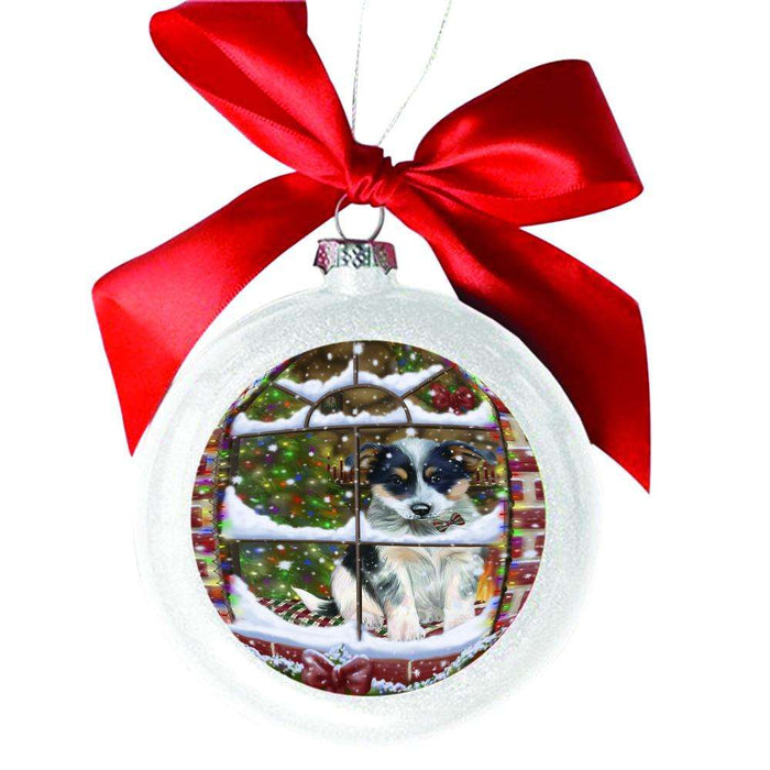 Please Come Home For Christmas Blue Heeler Dog Sitting In Window White Round Ball Christmas Ornament WBSOR49139