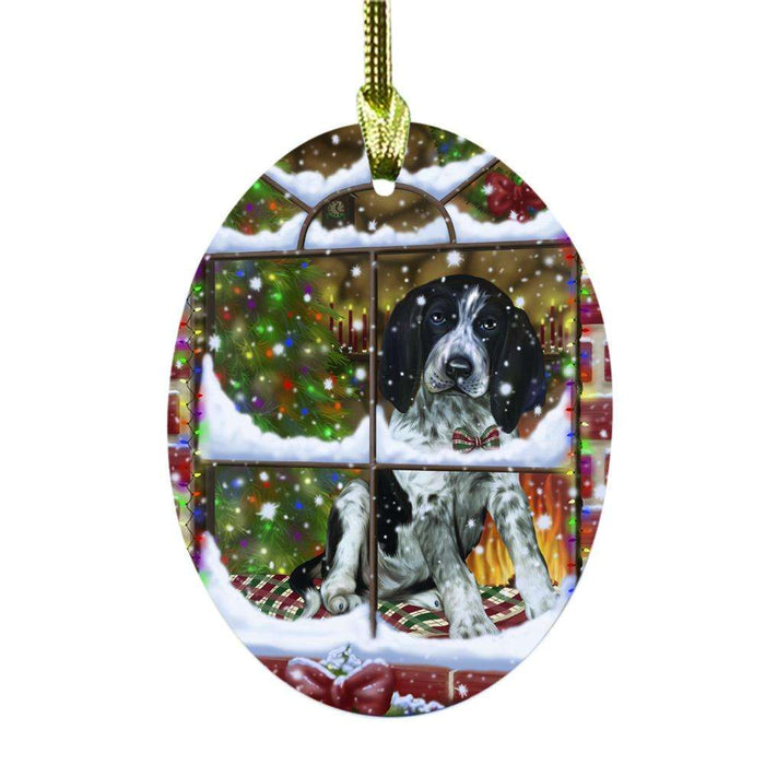 Please Come Home For Christmas Bluetick Coonhound Dog Sitting In Window Oval Glass Christmas Ornament OGOR49141