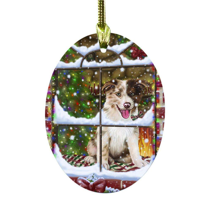 Please Come Home For Christmas Border Collie Dog Sitting In Window Oval Glass Christmas Ornament OGOR49142