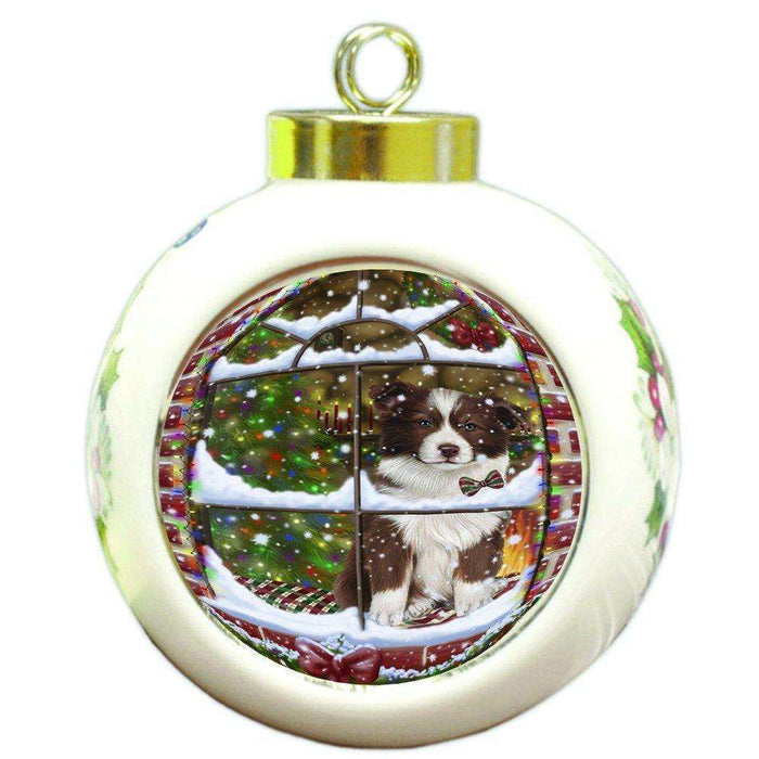 Please Come Home For Christmas Border Collie Dog Sitting In Window Round Ball Christmas Ornament RBPOR48378