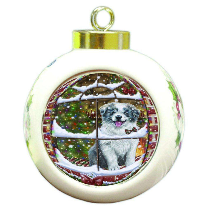 Please Come Home For Christmas Border Collie Dog Sitting In Window Round Ball Christmas Ornament RBPOR48379
