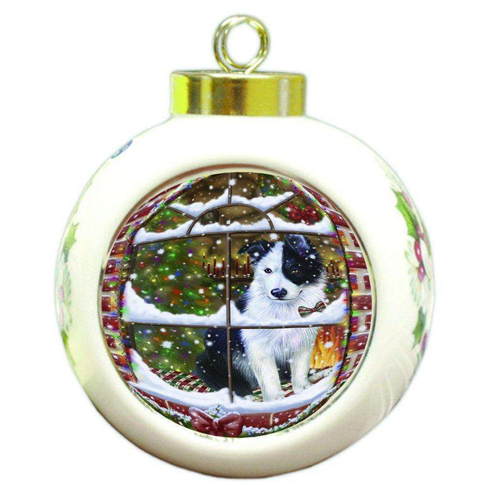 Please Come Home For Christmas Border Collie Dog Sitting In Window Round Ball Christmas Ornament RBPOR48380