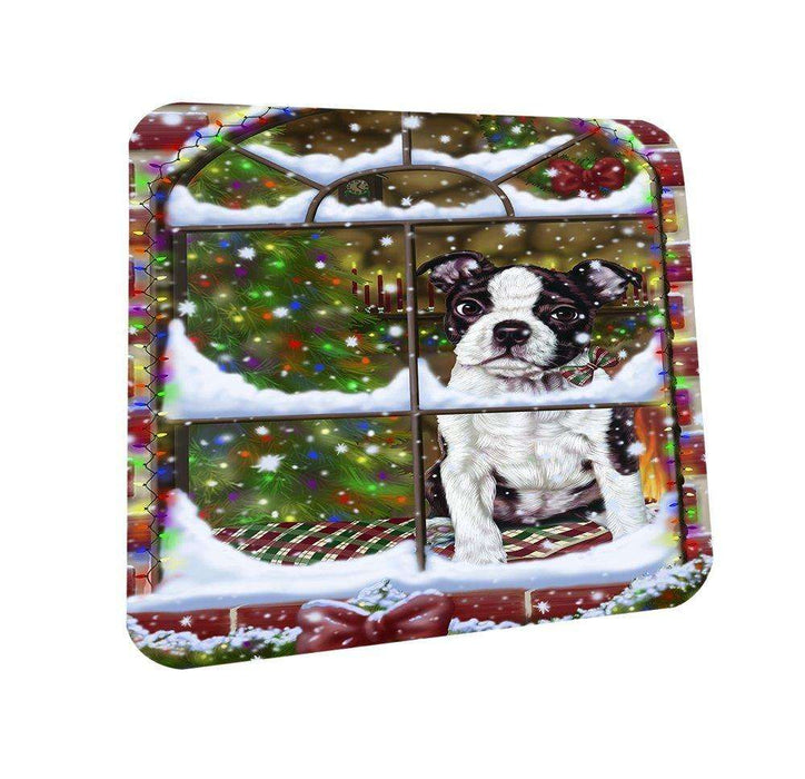 Please Come Home For Christmas Boston Dog Sitting In Window Coasters Set of 4