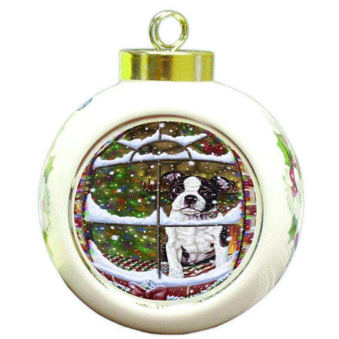 Please Come Home For Christmas Boston Dog Sitting In Window Round Ball Ornament D387