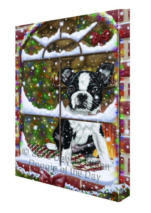 Please Come Home For Christmas Boston Terrier Dog Sitting In Window Canvas Print Wall Art Décor CVS103292
