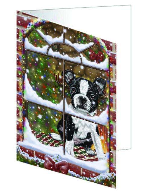 Please Come Home For Christmas Boston Terrier Dog Sitting In Window Handmade Artwork Assorted Pets Greeting Cards and Note Cards with Envelopes for All Occasions and Holiday Seasons GCD65843
