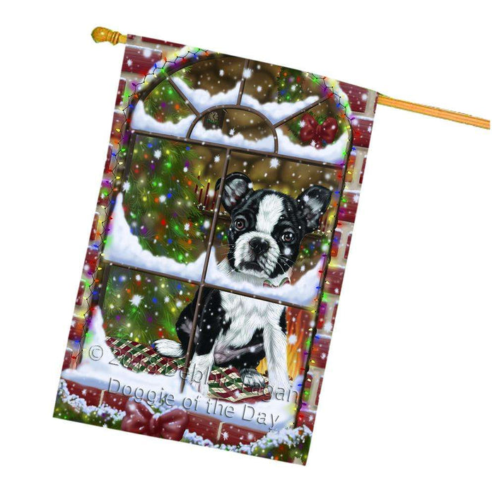 Please Come Home For Christmas Boston Terrier Dog Sitting In Window House Flag FLG54136