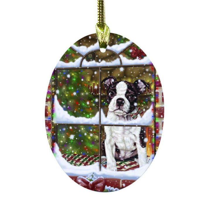 Please Come Home For Christmas Boston Terrier Dog Sitting In Window Oval Glass Christmas Ornament OGOR49143