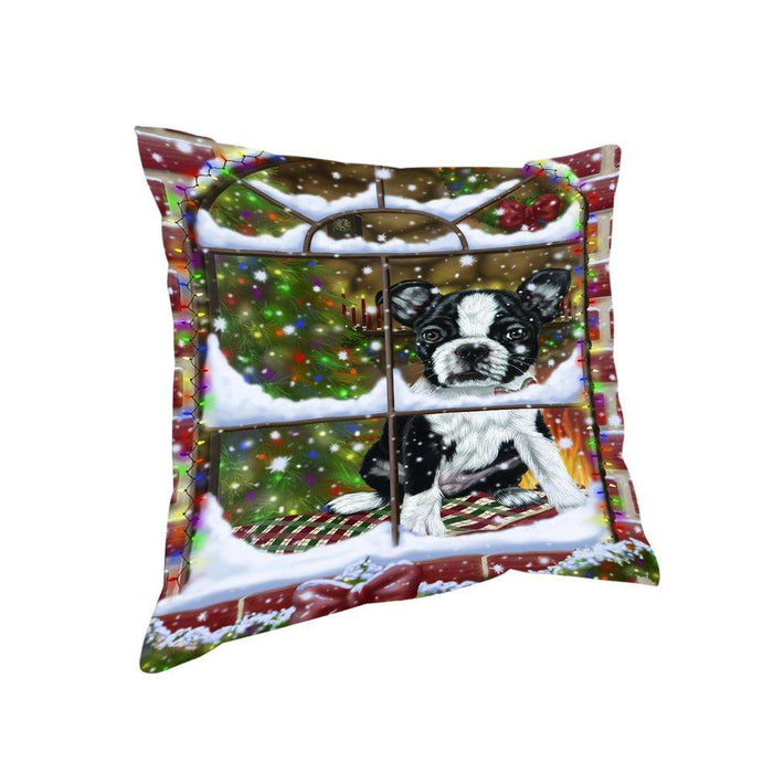 Please Come Home For Christmas Boston Terrier Dog Sitting In Window Pillow PIL72376
