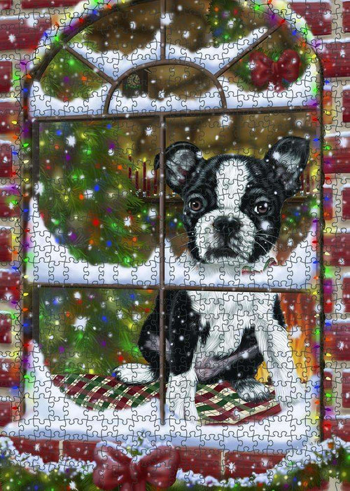 Please Come Home For Christmas Boston Terrier Dog Sitting In Window Puzzle with Photo Tin PUZL82908