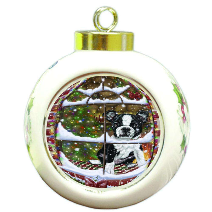 Please Come Home For Christmas Boston Terrier Dog Sitting In Window Round Ball Christmas Ornament RBPOR53938