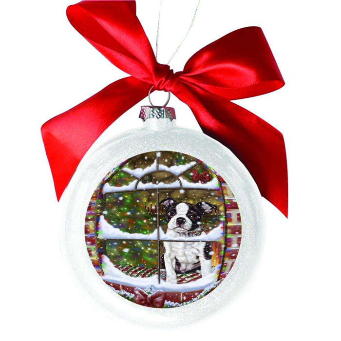 Please Come Home For Christmas Boston Terrier Dog Sitting In Window White Round Ball Christmas Ornament WBSOR49143