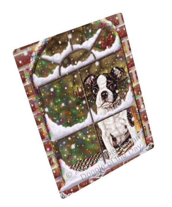 Please Come Home For Christmas Boston Terriers Dog Sitting In Window Art Portrait Print Woven Throw Sherpa Plush Fleece Blanket