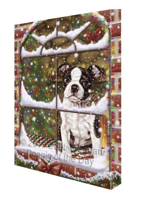Please Come Home For Christmas Boston Terriers Dog Sitting In Window Painting Printed on Canvas Wall Art