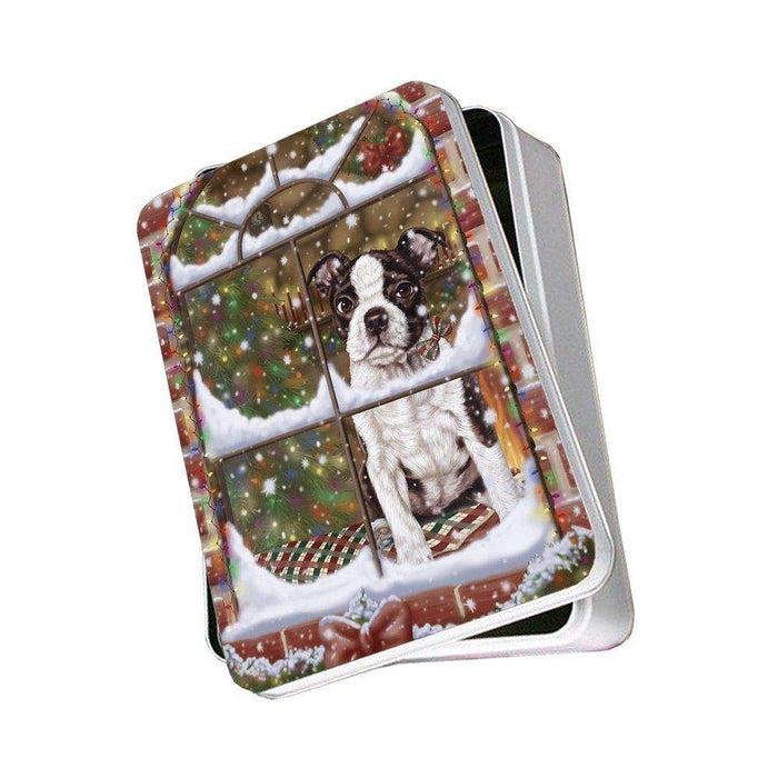 Please Come Home For Christmas Boston Terriers Dog Sitting In Window Photo Storage Tin