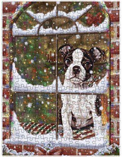 Please Come Home For Christmas Boston Terriers Dog Sitting In Window Puzzle with Photo Tin