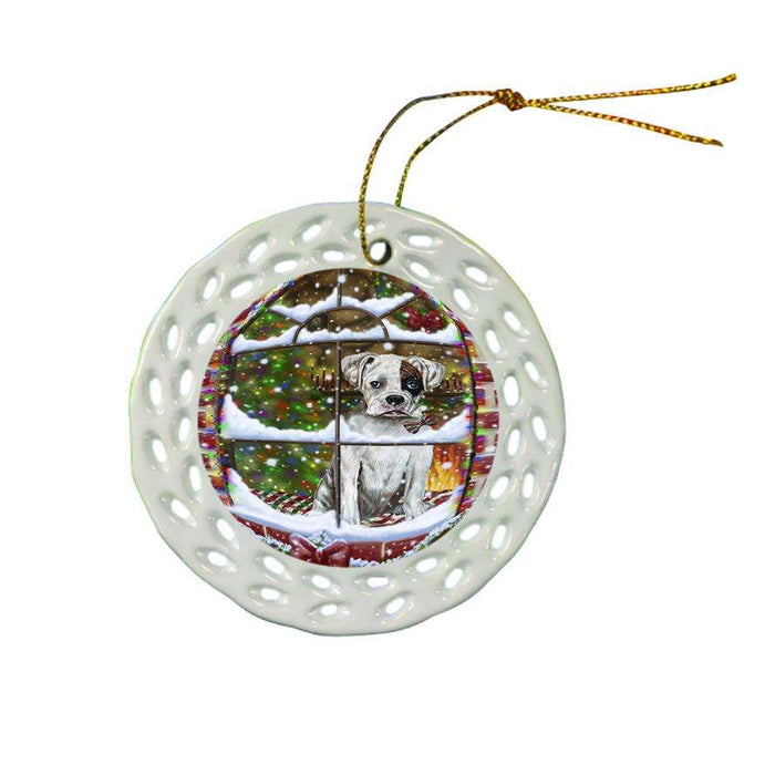 Please Come Home For Christmas Boxer Dog Sitting In Window Ceramic Doily Ornament DPOR53939