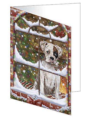 Please Come Home For Christmas Boxer Dog Sitting In Window Handmade Artwork Assorted Pets Greeting Cards and Note Cards with Envelopes for All Occasions and Holiday Seasons GCD49319