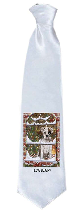 Please Come Home For Christmas Boxer Dog Sitting In Window Neck Tie TIE48206