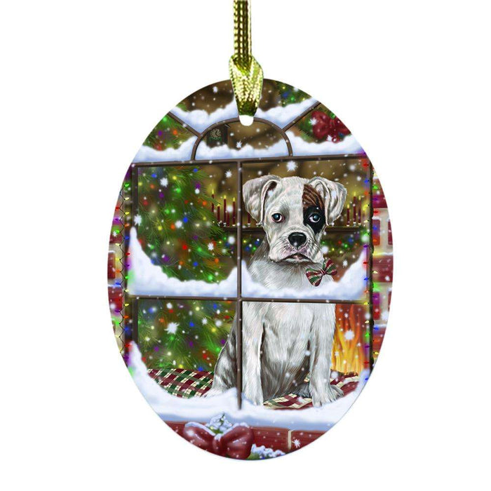 Please Come Home For Christmas Boxer Dog Sitting In Window Oval Glass Christmas Ornament OGOR49144