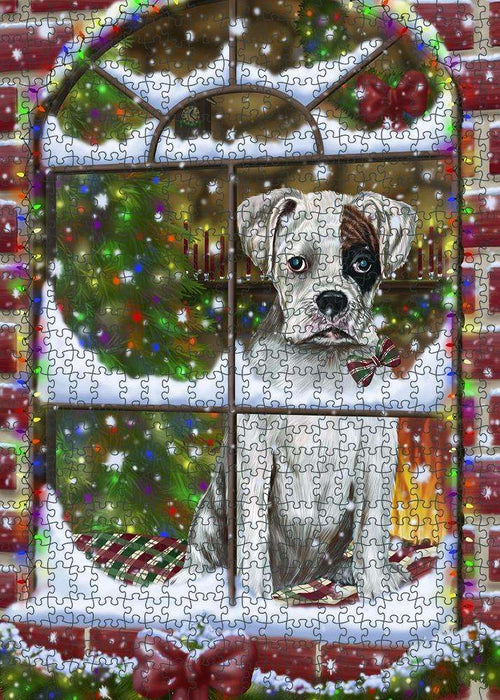 Please Come Home For Christmas Boxer Dog Sitting In Window Puzzle with Photo Tin PUZL82912