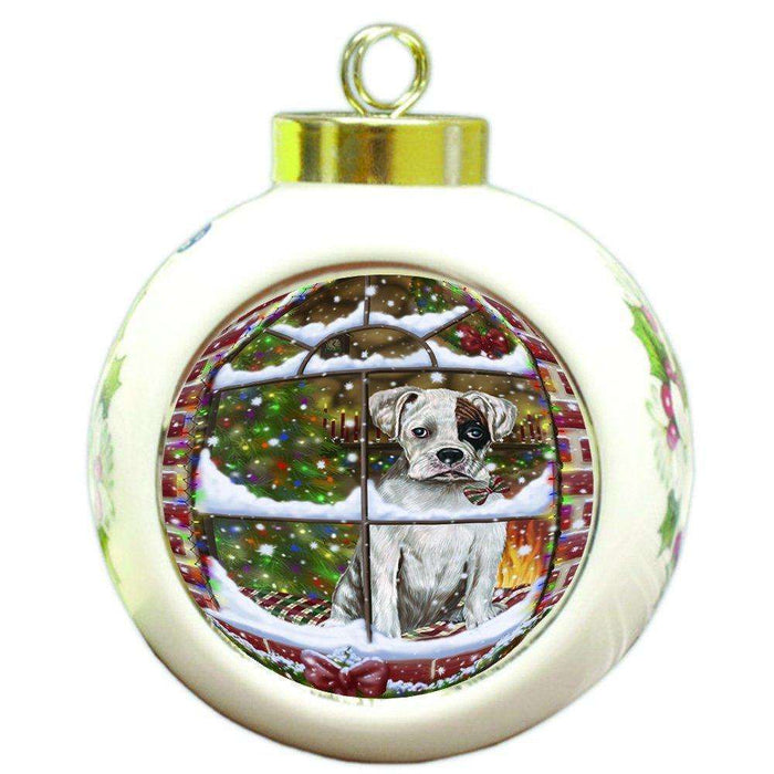 Please Come Home For Christmas Boxer Dog Sitting In Window Round Ball Christmas Ornament RBPOR48381