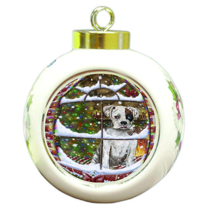 Please Come Home For Christmas Boxer Dog Sitting In Window Round Ball Christmas Ornament RBPOR53939