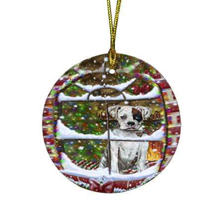 Please Come Home For Christmas Boxer Dog Sitting In Window Round Flat Christmas Ornament RFPOR53930