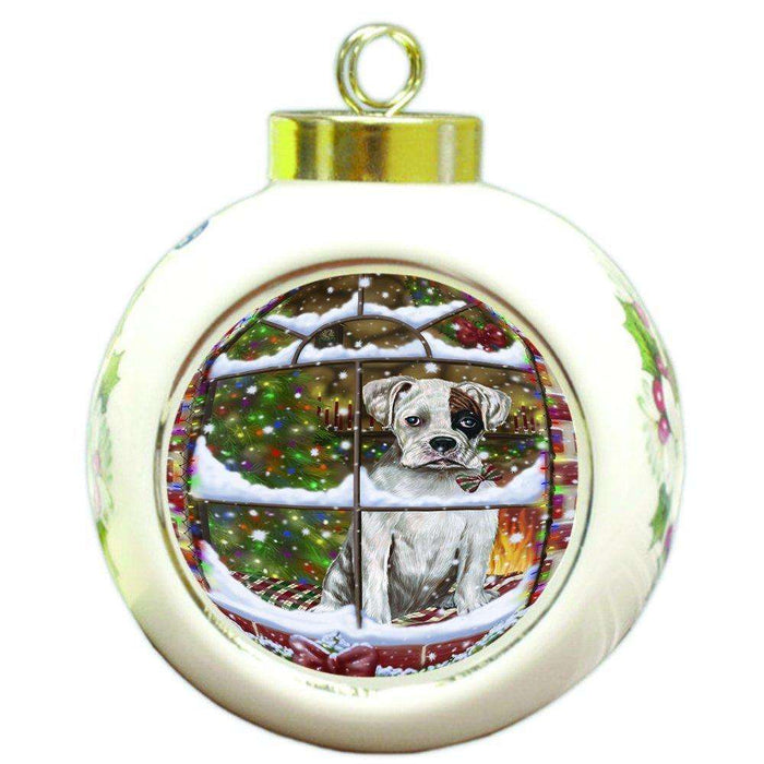Please Come Home For Christmas Boxers Dog Sitting In Window Round Ball Ornament D388