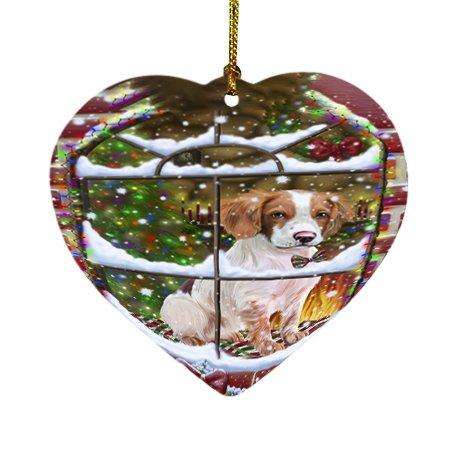 Please Come Home For Christmas Brittany Spaniel Dog Sitting In Window Heart Ornament D340