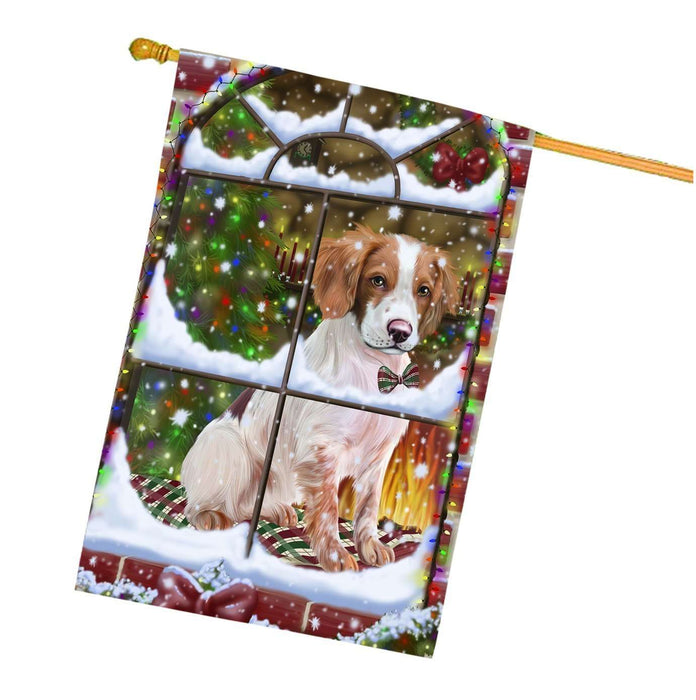 Please Come Home For Christmas Brittany Spaniel Dog Sitting In Window House Flag