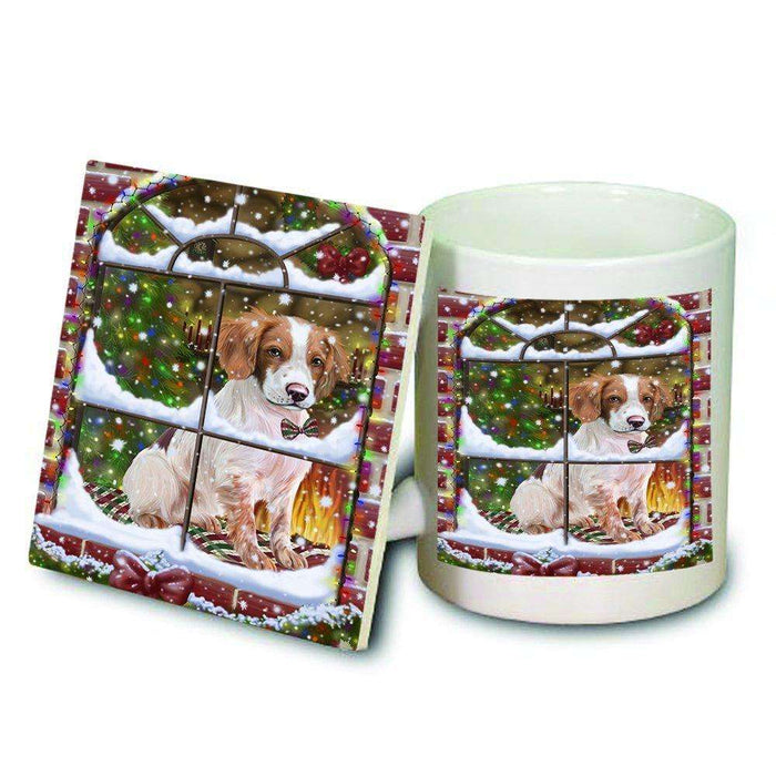 Please Come Home For Christmas Brittany Spaniel Dog Sitting In Window Mug and Coaster Set