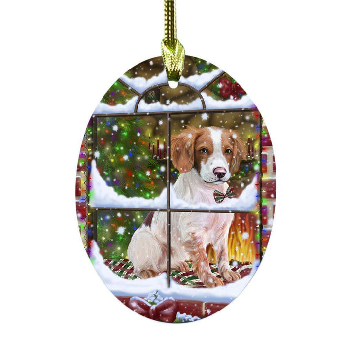 Please Come Home For Christmas Brittany Spaniel Dog Sitting In Window Oval Glass Christmas Ornament OGOR49145