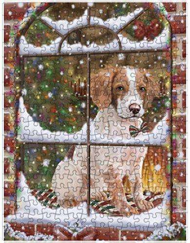 Please Come Home For Christmas Brittany Spaniel Dog Sitting In Window Puzzle with Photo Tin D573