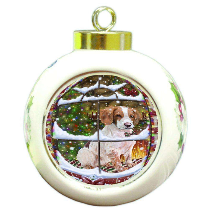 Please Come Home For Christmas Brittany Spaniel Dog Sitting In Window Round Ball Ornament D368