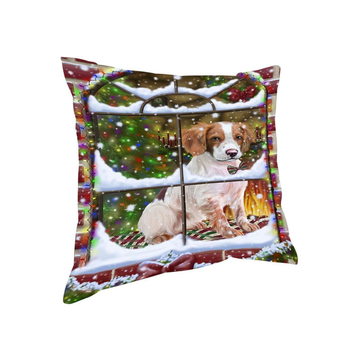 Please Come Home For Christmas Brittany Spaniel Dog Sitting In Window Throw Pillow