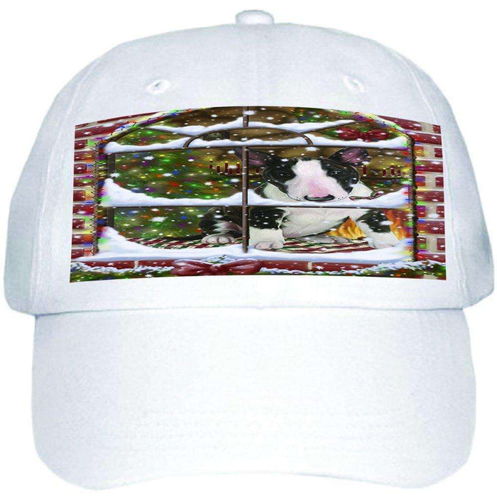 Please Come Home For Christmas Bull Terrier Dog Sitting In Window Ball Hat Cap HAT48879 (White)