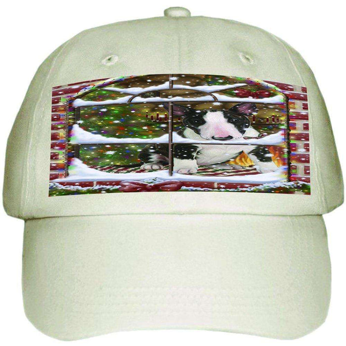 Please Come Home For Christmas Bull Terrier Dog Sitting In Window Ball Hat Cap HAT48879 (White)