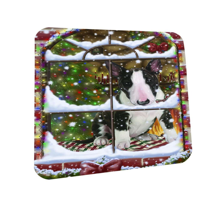 Please Come Home For Christmas Bull Terrier Dog Sitting In Window Coasters Set of 4 CST48341