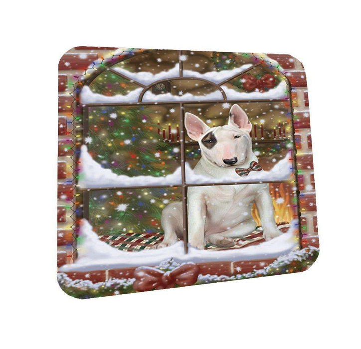 Please Come Home For Christmas Bull Terrier Dog Sitting In Window Coasters Set of 4