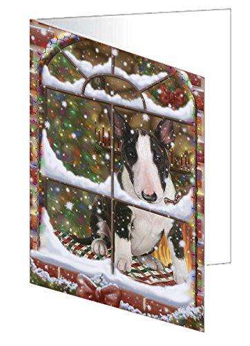 Please Come Home For Christmas Bull Terrier Dog Sitting In Window Handmade Artwork Assorted Pets Greeting Cards and Note Cards with Envelopes for All Occasions and Holiday Seasons GCD49322