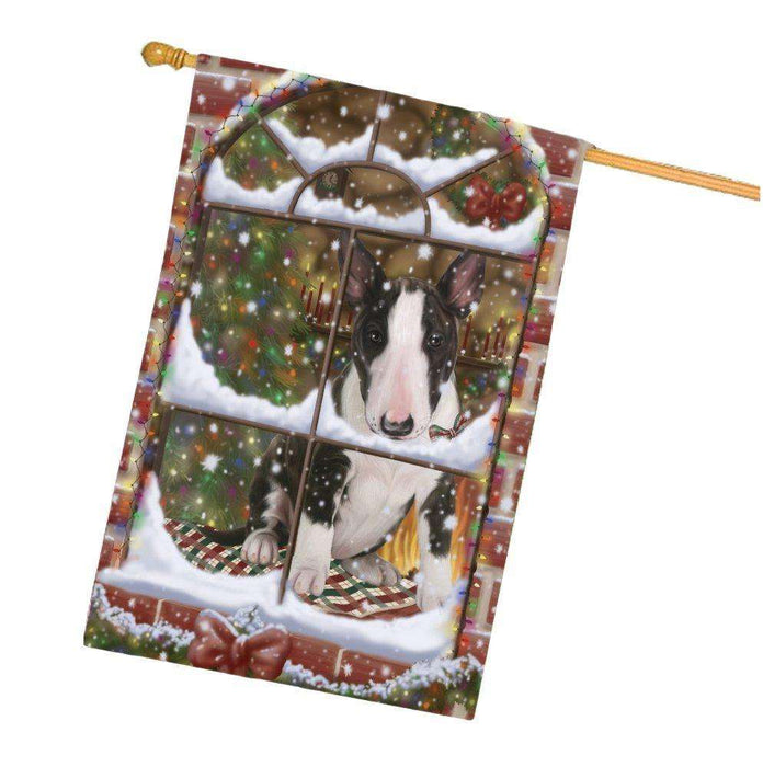 Please Come Home For Christmas Bull Terrier Dog Sitting In Window House Flag FLG48395